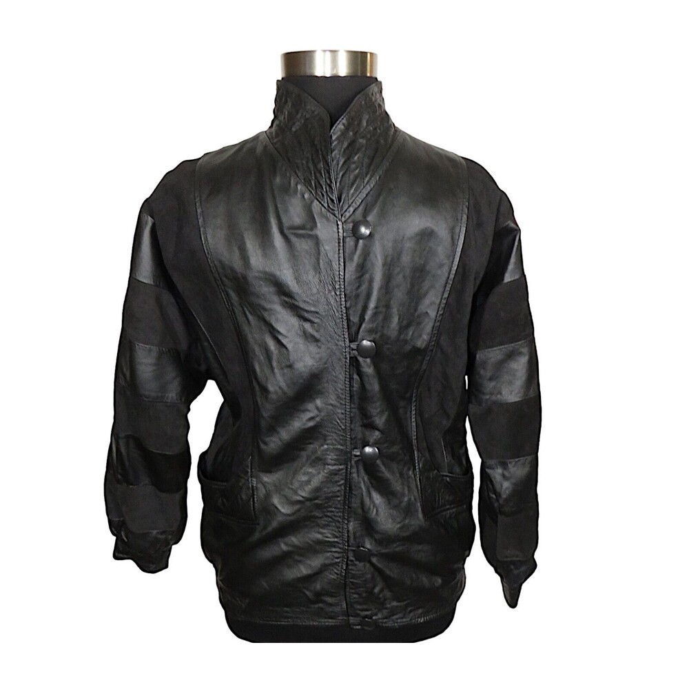 Vintage Black Leather And Suede Patchwork Striped Button Up Jacket Size Large